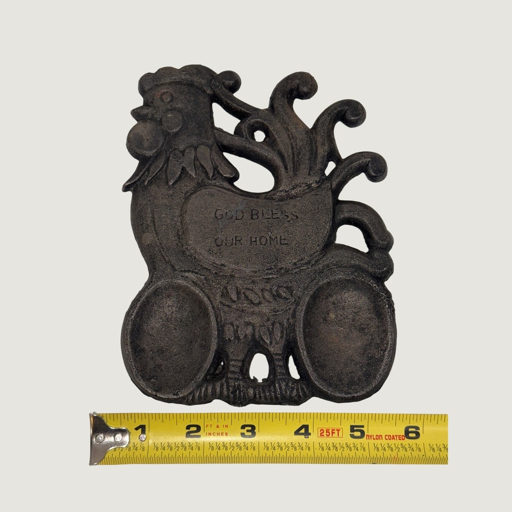 Vintage Cast Iron Rooster Trivet God Bless Our Home Farmhouse Black Metal 7 inch